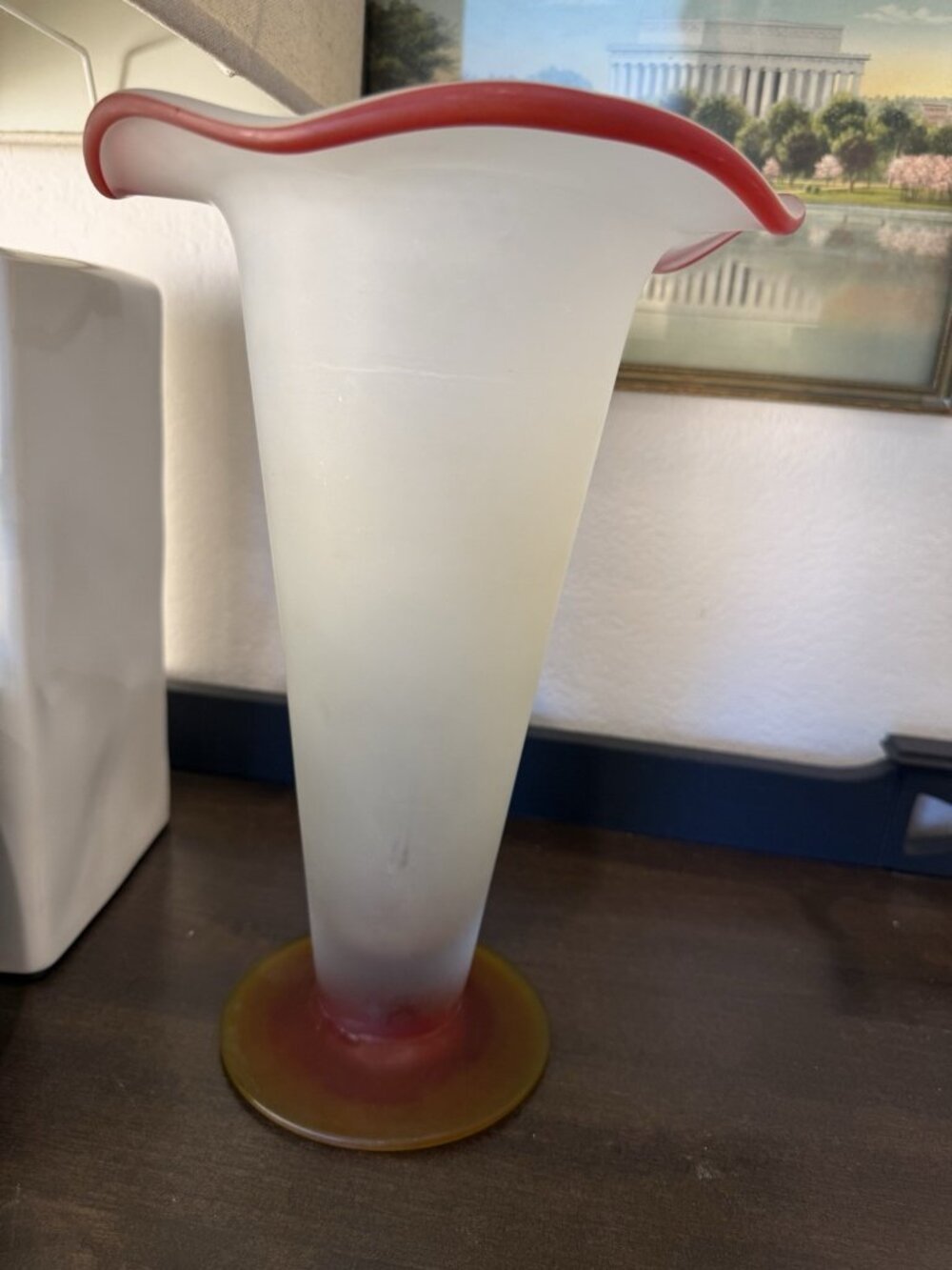 Vintage Mid-Century Art Glass Handkerchief Vase – Frosted White Red Amber – 11”